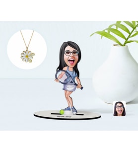 BK Gift Kişiye Özel Kadın Tenis Oyuncusu Karikatürlü 3D Ahşap Biblo ve İsimli Tarihli Papatya Kolye Seti-1 (Model 1)