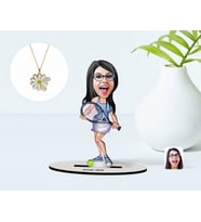 BK Gift Kişiye Özel Kadın Tenis Oyuncusu Karikatürlü 3D Ahşap Biblo ve İsimli Tarihli Papatya Kolye Seti-1 (Model 1)