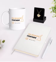 BK Gift Kişiye Özel Fen Bilimleri Öğretmeni Beyaz Kupa Defter Kalem ve İsimli Papatya Kolye Hediye Seti-4 (Model 1)