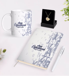 BK Gift Kişiye Özel Sınıf Öğretmeni Beyaz Kupa Defter Kalem ve İsimli Papatya Kolye Hediye Seti-16 (Model 1)