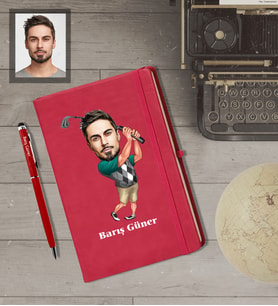 Kişiye Özel Golfçü Karikatürlü  Kırmızı Defter Kalem Hediye Seti Bay-1