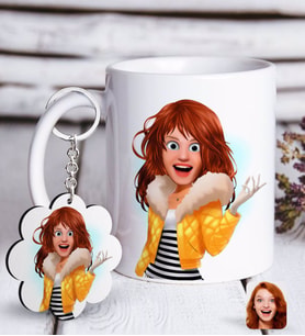 BK Gift Kişiye Özel Kadın Animasyon Karikatürlü Beyaz Kupa ve Anahtarlık Hediye Seti-7 (Model 1)