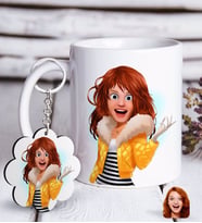 BK Gift Kişiye Özel Kadın Animasyon Karikatürlü Beyaz Kupa ve Anahtarlık Hediye Seti-7 (Model 1)