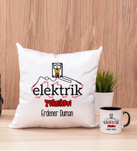 Elektrik Teknikeri Kare Yastık ve Siyah Kupa Bardak