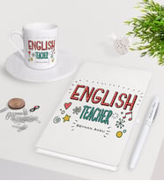 BK Gift Kişiye Özel İngilizce Öğretmeni Beyaz Defter Kalem Türk Kahvesi Fincanı Seti-5 (Model 1)