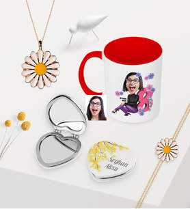 Kadınlara Özel Karikatürlü Kupa Çiçekli Ayna Papatya Kolye Bileklik Seti - 2 (Model 1)