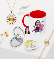 Kadınlara Özel Karikatürlü Kupa Çiçekli Ayna Papatya Kolye Bileklik Seti - 2 (Model 1)