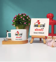 Mesajlı Endüstri Mühendisi Tasarımlı Kişiye Özel Endüstri Mühendisi Ahşap Altlıklı Fincan ve Dekoratif Taş Baskı Hediye Seti