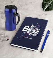 BK Gift Kişiye Özel İlk Babalar Günün Kutlu Olsun Lacivert Defter Kalem Termos Mug Seti-2 (Model 1)