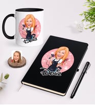 BK Gift Kişiye Özel Kadın Kuaför Karikatürlü Siyah Defter Kalem ve Kupa Seti-3 (Model 1)