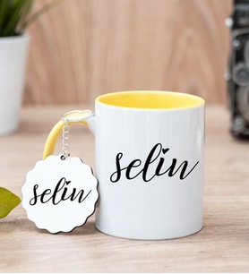 Kişiye Özel İsim Yazılı Sarı Kupa Bardak Ve Anahtarlık Set