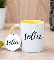 Kişiye Özel İsim Yazılı Sarı Kupa Bardak Ve Anahtarlık Set
