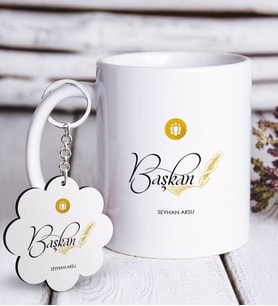 BK Gift Kişiye Özel Mesleki Başkan Beyaz Kupa ve Anahtarlık Hediye Seti-3 (Model 1)