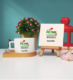 Mesajlı Petrol ve Doğalgaz Mühendisi Tasarımlı Kişiye Özel Hediye Petrol ve Doğalgaz Mühendisi Ahşap Altlıklı Fincan ve Dekoratif Taş Baskı Hediye Seti