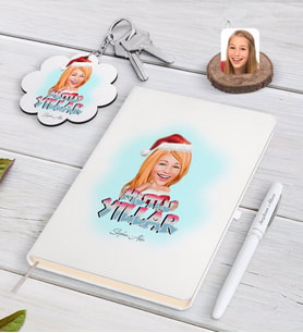 BK Gift Kişiye Özel Kadın Yeni Yıl Karikatürlü Beyaz Defter Kalem ve Anahtarlık Hediye Seti-3 (Model 1)