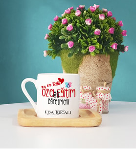 Mesajlı Özel Eğitim Öğretmeni Ahşap Altlıklı Türk Kahvesi Fincanı