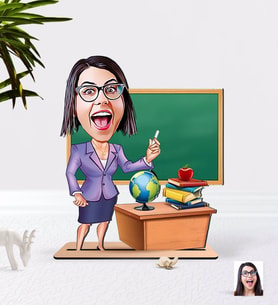 BK Gift Kişiye Özel Bayan Öğretmen Karikatürlü Ahşap 3D Biblo-1 (Beyaz)
