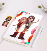 BK Gift Kişiye Özel Kız Kardeşler Karikatürlü Beyaz Defter ve Kalem Hediye Seti-5