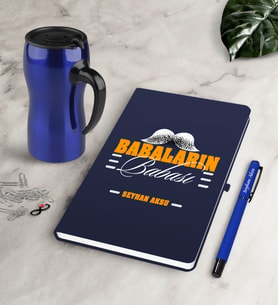 BK Gift Kişiye Özel Babaların Babası Lacivert Defter Kalem Termos Mug Seti-2 (Model 1)