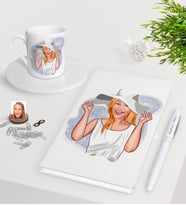 BK Gift Kişiye Özel Bayan Karikatürlü Beyaz Defter Kalem Türk Kahvesi Fincanı Seti-20 (Model 1)