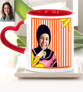 BK Gift Kişiye Özel Türbanlı Karikatürlü Kırmızı Kalpli Kupa Bardak 41757