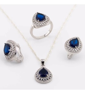 925 Ayar Gümüş Mavi Zirkon Taşlı  Damla Model Bayan Set