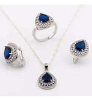 925 Ayar Gümüş Mavi Zirkon Taşlı  Damla Model Bayan Set