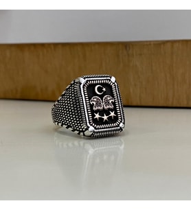 Çift Başlı Kartal Desenli Gümüş Erkek Yüzük