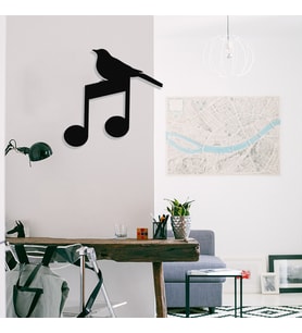 New Jargon - Nota ve Üzerinde Bekleyen Kuş Metal Tasarım Tablosu 50x50cm (Siyah)