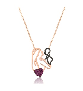 Anne Çocuk Kalp Kolye Fuşya Taşlı Rose Gold Kaplama Gümüş Uvps100536