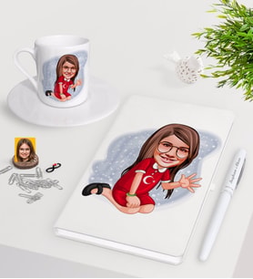 BK Gift Kişiye Özel Kız Çocuk Karikatürlü Beyaz Defter Kalem Türk Kahvesi Fincanı Seti-2 (Model 1)