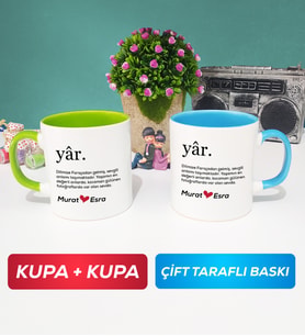 İkili Yâr Sevgililer Günü Hediyesi Kupa Bardak Yeşil Mavi