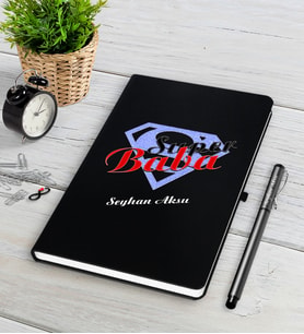 BK Gift Kişiye Özel Süper Baba Siyah Defter Kalem Seti-5