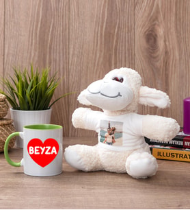 Sevgiliye Hediye İsim Yazılı Kalpli Yeşil Kupa Bardak ve Peluş Koyun