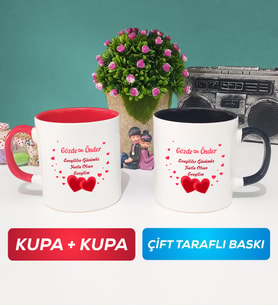 İkili Sevgiliye Sevgililer Günü Hediyesi 6 Kupa Bardak Kırmızı Siyah
