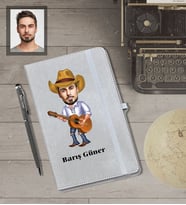 Kişiye Özel Gitarist Karikatürlü Gri Defter Kalem Hediye Seti  Bay-1