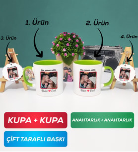 İkili Yeşil Sevgiliye Sevgililer Günü Hediyesi 9 Kupa Bardak Anahtarlık