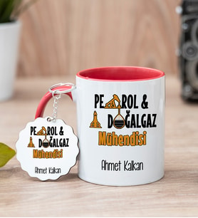 Petrol Ve Doğalgaz Mühendisi Kırmızı Kupa Bardak Ve Anahtarlık Set