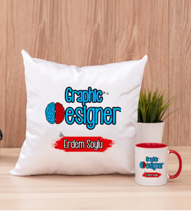 Grafiker Kare Yastık ve Kırmızı Kupa Bardak