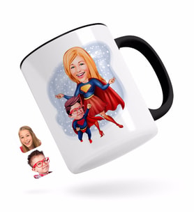 BK Gift Kişiye Özel Süper Anne ve Çocuk Karikatürlü Siyah Kupa Bardak