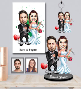 Kişiye Özel Gelin Damat Karikatürlü 3 lü Hediye Seti  Mod-7