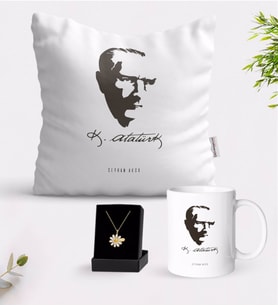 BK Gift Kişiye Özel Atatürk Temalı Beyaz Kupa Yastık ve İsimli Papatya Kolye Hediye Seti-23 (Model 1)