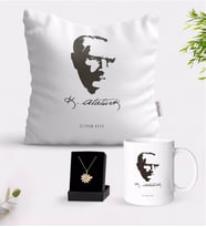 BK Gift Kişiye Özel Atatürk Temalı Beyaz Kupa Yastık ve İsimli Papatya Kolye Hediye Seti-23 (Model 1)