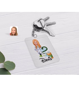 BK Gift Kişiye Özel Kadın Eczacı Karikatürlü Şeffaf Pleksi Anahtarlık-2 (Beyaz)