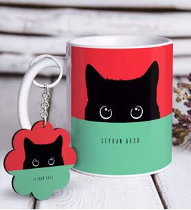BK Gift Kişiye Özel Sevimli Kedi Beyaz Kupa ve Anahtarlık Hediye Seti-10 (Model 1)