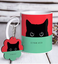 BK Gift Kişiye Özel Sevimli Kedi Beyaz Kupa ve Anahtarlık Hediye Seti-10 (Model 1)