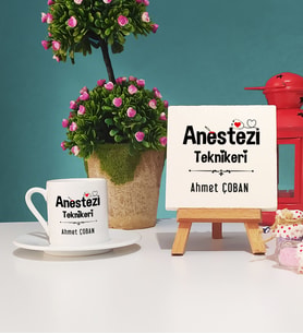 Anestezi Teknikeri Tasarımlı Kişiye Özel Hediye Anestezi Teknikeri Türk Kahvesi Fincanı ve Dekoratif Taş Baskı Seti