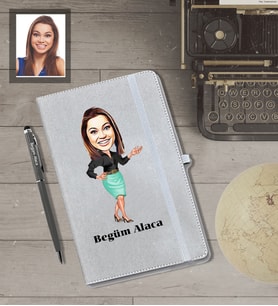 Kişiye Özel Öğretmen Karikatürlü Gri Defter Kalem Hediye Seti  Bayan-8