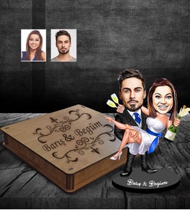 Kişiye Özel Gelin Damat Karikatürlü Ahşap Biblo Kutulu Mod-5