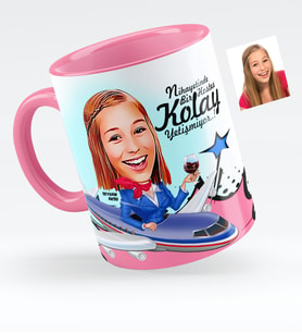 BK Gift Kişiye Özel Hostes Karikatürlü Pembe Kupa Bardak  1